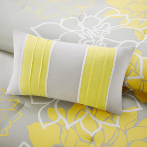 HomeRoots Set of Seven Gray and Yellow Floral Queen Bedding Ensemble with Ring Stitch Design for Modern Comfort 679880