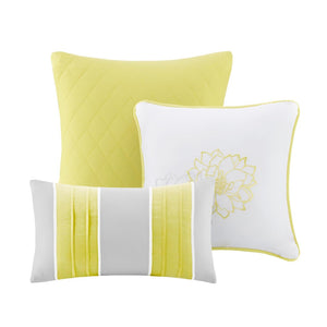 HomeRoots Set of Seven Gray and Yellow Floral Queen Bedding Ensemble with Ring Stitch Design for Modern Comfort 679880