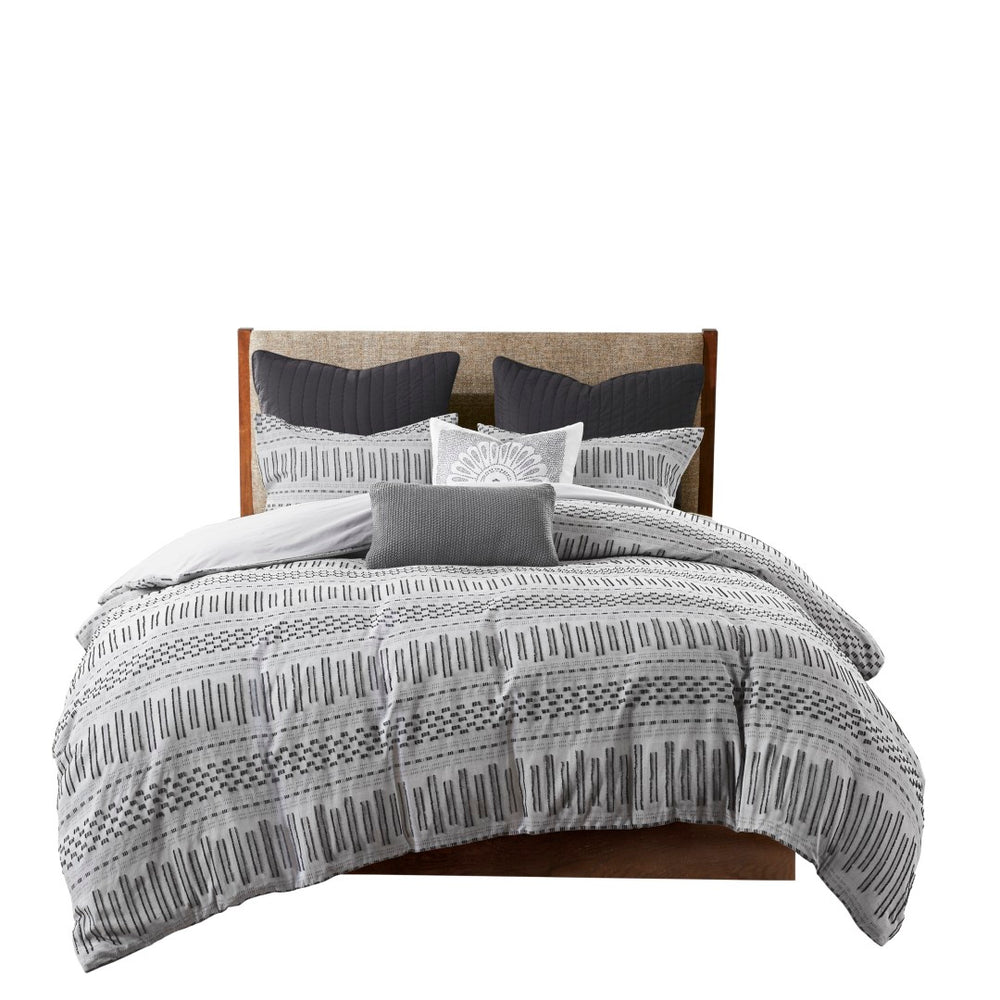 HomeRoots Set of Three Elegant Gray & Ivory Striped Queen Comforter and Shams for Timeless Bedroom Style 679881