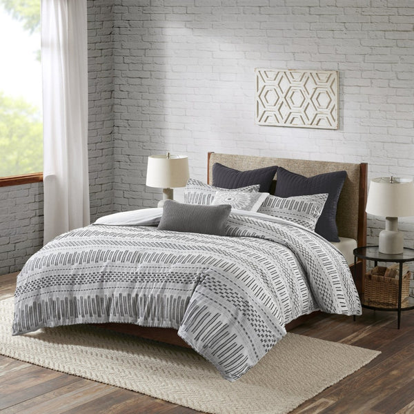 HomeRoots Set of Three Elegant Gray & Ivory Striped Queen Comforter and Shams for Timeless Bedroom Style 679881