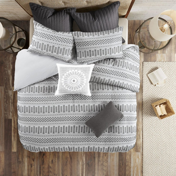 HomeRoots Set of Three Elegant Gray & Ivory Striped Queen Comforter and Shams for Timeless Bedroom Style 679881
