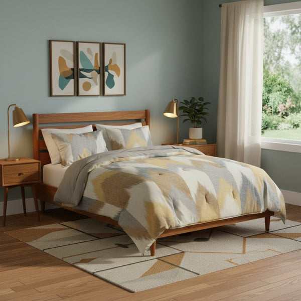 HomeRoots Set of Three Gray and Ivory Mid-Century Ring Stitch Polyester Comforter & Shams for Queen Beds 679882