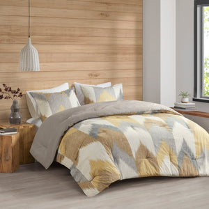HomeRoots Set of Three Gray and Ivory Mid-Century Ring Stitch Polyester Comforter & Shams for Queen Beds 679882