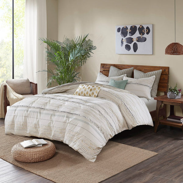HomeRoots Set of Three Elegant Off-White and Gray Striped King Shams & Comforter for Modern Bedrooms 679885
