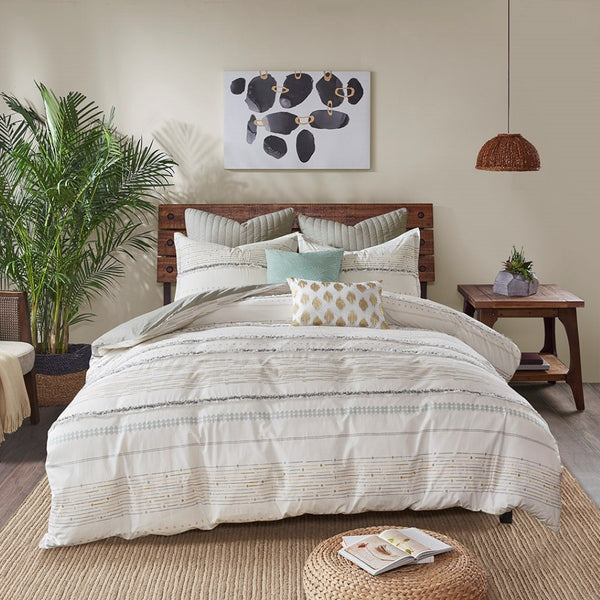 HomeRoots Set of Three Elegant Off-White and Gray Striped King Shams & Comforter for Modern Bedrooms 679885