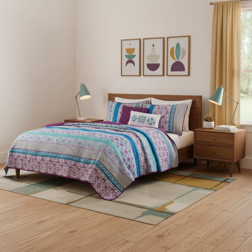 HomeRoots Set of Five Elegant Purple and Ivory Striped Queen Bedding with Ring-Stitch Comforter & Shams 679886