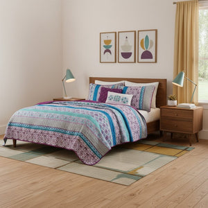 HomeRoots Set of Five Elegant Purple and Ivory Striped Queen Bedding with Ring-Stitch Comforter & Shams 679886