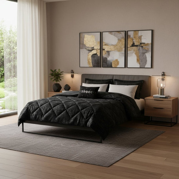 HomeRoots Set of Three Black Twin Ring Stitch Bedding Set – Modern Comforter and Shams for Stylish Rooms 679888