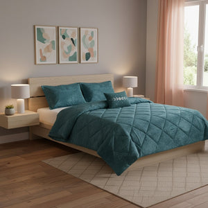 HomeRoots Set of Three Teal Blue Twin Bedding Set – Stylish Comforter & Shams for a Mid-Century Modern Look 679890