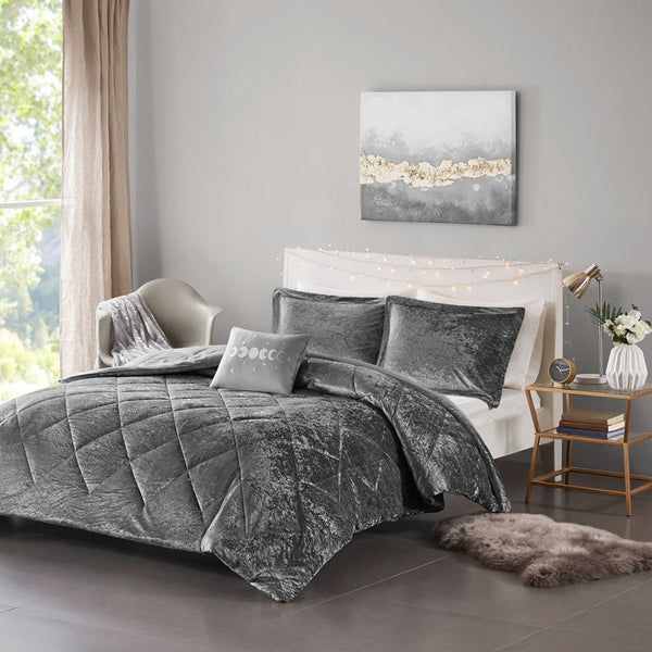 HomeRoots Set of Three Gray Twin Ring Stitch Comforter and Sham Set - Modern, Lightweight Bedding Ensemble 679892