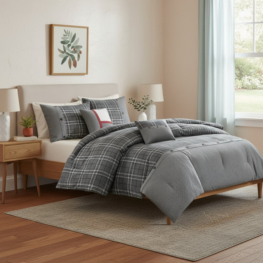 HomeRoots Set of Five Gray and White Plaid Queen Comforter & Sham Set - Luxurious, Soft, Modern Design 679893