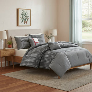 HomeRoots Set of Five Gray and White Plaid Queen Comforter & Sham Set - Luxurious, Soft, Modern Design 679893