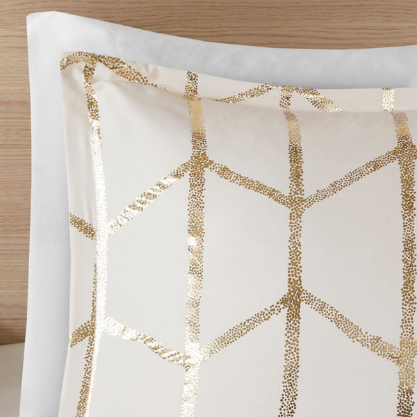 HomeRoots Set of Four Gold and Ivory Geometric Ring Stitch Bedding Ensemble for Modern Bedroom Décor 679895
