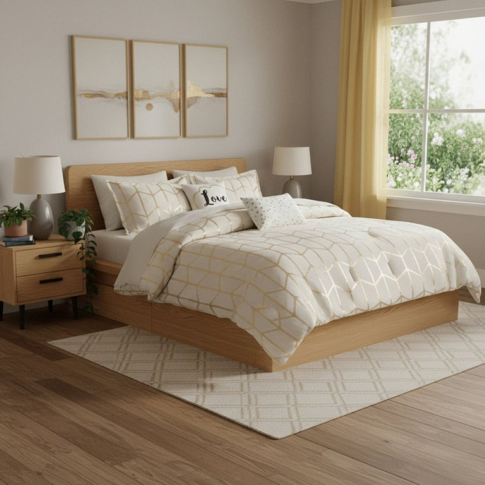 HomeRoots Set of Four Gold and Ivory Geometric Ring Stitch Bedding Ensemble for Modern Bedroom Décor 679895
