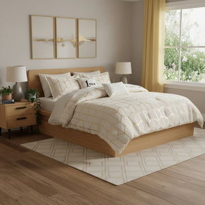 HomeRoots Set of Four Gold and Ivory Geometric Ring Stitch Bedding Ensemble for Modern Bedroom Décor 679895