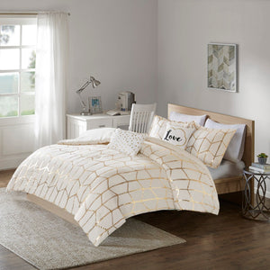 HomeRoots Set of Four Gold and Ivory Geometric Ring Stitch Bedding Ensemble for Modern Bedroom Décor 679895