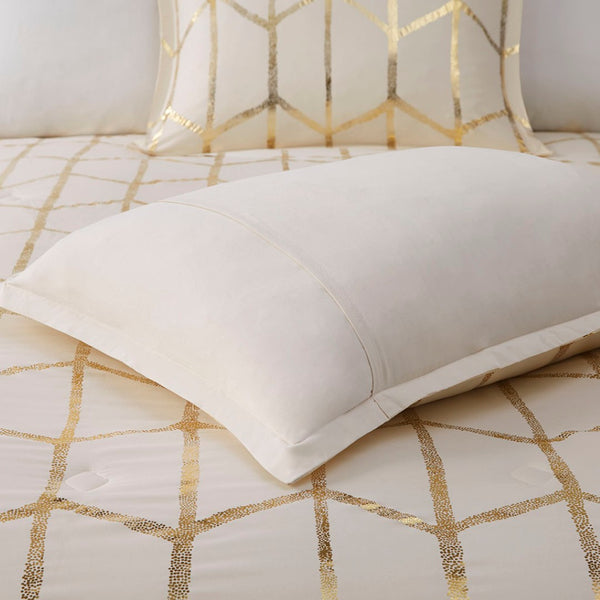 HomeRoots Set of Four Gold and Ivory Geometric Ring Stitch Bedding Ensemble for Modern Bedroom Décor 679895