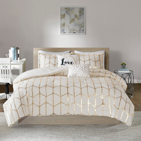 HomeRoots Set of Four Gold and Ivory Geometric Ring Stitch Bedding Ensemble for Modern Bedroom Décor 679895