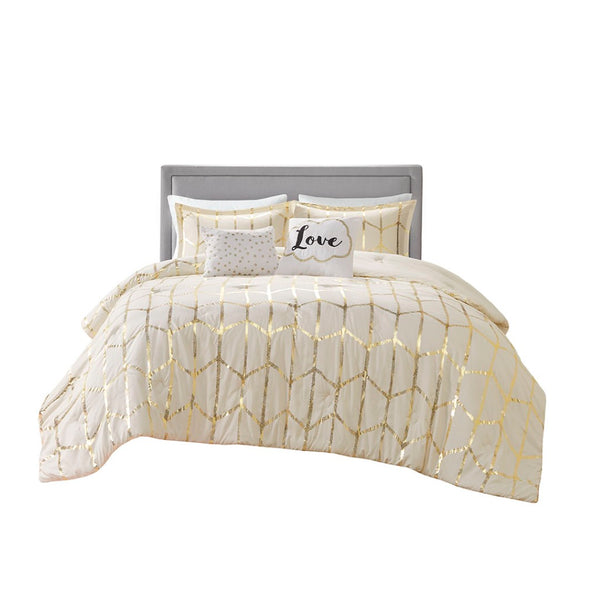 HomeRoots Set of Four Gold and Ivory Geometric Ring Stitch Bedding Ensemble for Modern Bedroom Décor 679895