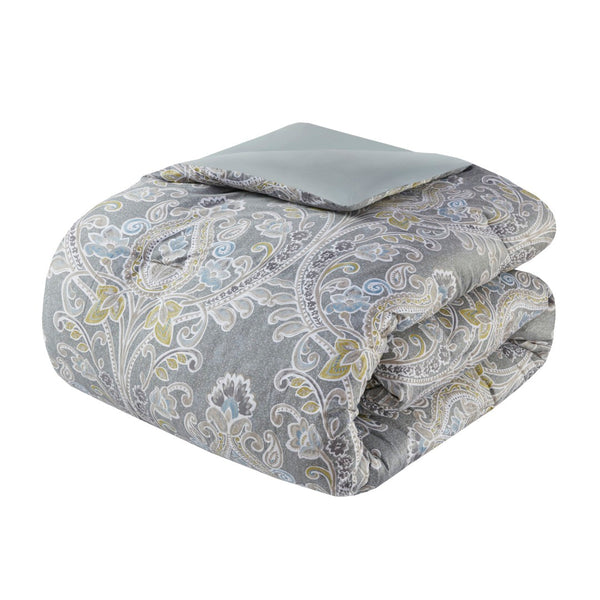 HomeRoots Set of Six Gray and Ivory Damask King Comforter with Ring-Stitch Shams for Elegant Bedrooms 679896