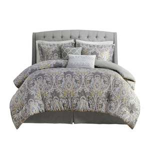 HomeRoots Set of Six Gray and Ivory Damask King Comforter with Ring-Stitch Shams for Elegant Bedrooms 679896