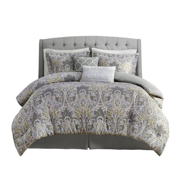 HomeRoots Set of Six Gray and Ivory Damask King Comforter with Ring-Stitch Shams for Elegant Bedrooms 679896