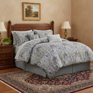 HomeRoots Set of Six Gray and Ivory Damask King Comforter with Ring-Stitch Shams for Elegant Bedrooms 679896
