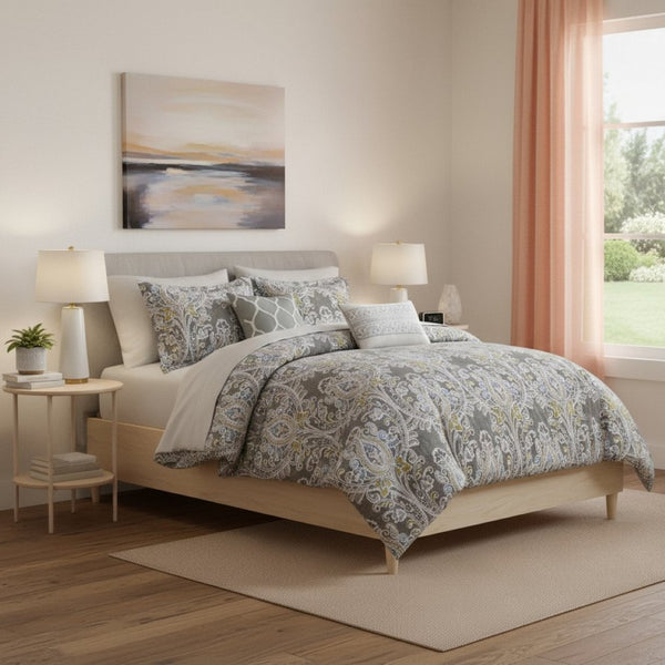 HomeRoots Set of Six Gray and Ivory Damask Bedding Ensemble - Luxury Comforter & Shams for Full Beds 679898