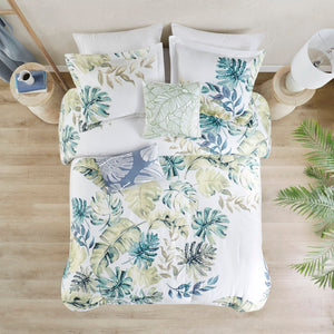 HomeRoots Set of Six King Bedding in White, Blue & Green - Mid-Century Ring-Stitch Comforter & Shams Set 679899