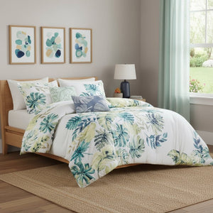 HomeRoots Set of Six King Bedding in White, Blue & Green - Mid-Century Ring-Stitch Comforter & Shams Set 679899