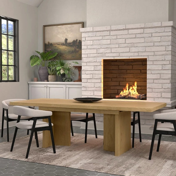 Alpine Furniture Donte Extension Dining Table With Self-Storing Leaf, Rubberwood & Oak Veneer, Double-Pedestal Design Natural 6798NAT-01