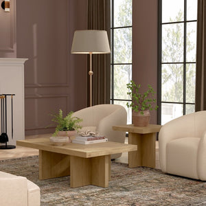 Alpine Furniture Donte Sculptural Rectangular Coffee Table With Geometric Base, Solid Rubberwood And Oak Veneer Finish Natural 6798NAT-61