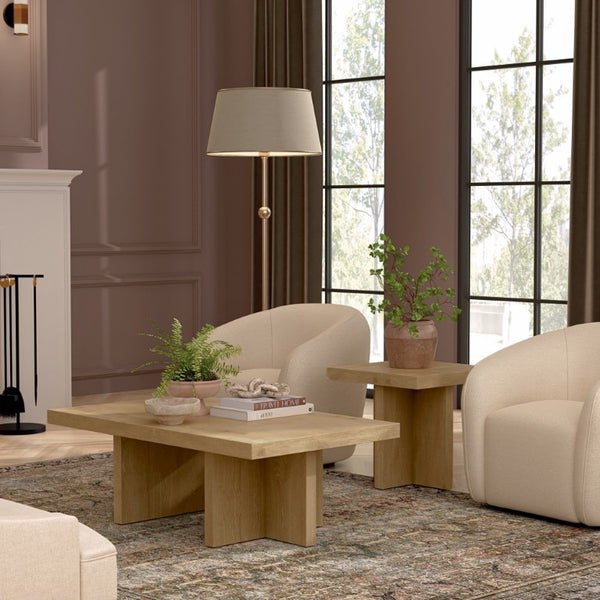 Alpine Furniture Donte Sculptural Rectangular Coffee Table With Geometric Base, Solid Rubberwood And Oak Veneer Finish Natural 6798NAT-61