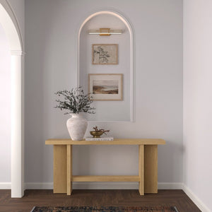 Alpine Furniture Donte Sculptural Console Table With Geometric Base, Oak Veneer Top & Lower Shelf For Hallways Natural 6798NAT-63
