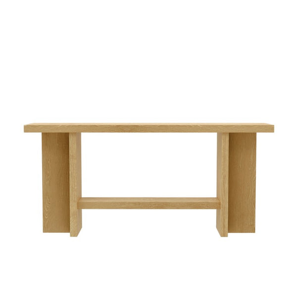 Alpine Furniture Donte Sculptural Console Table With Geometric Base, Oak Veneer Top & Lower Shelf For Hallways Natural 6798NAT-63