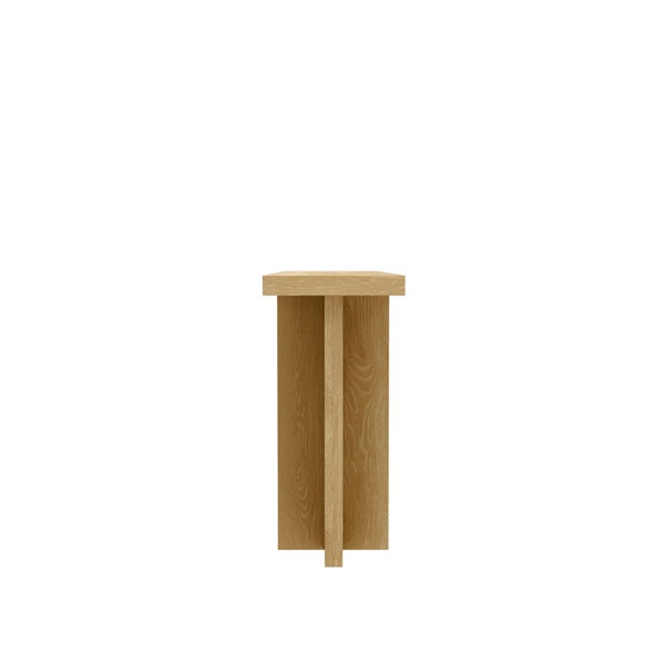 Alpine Furniture Donte Sculptural Console Table With Geometric Base, Oak Veneer Top & Lower Shelf For Hallways Natural 6798NAT-63