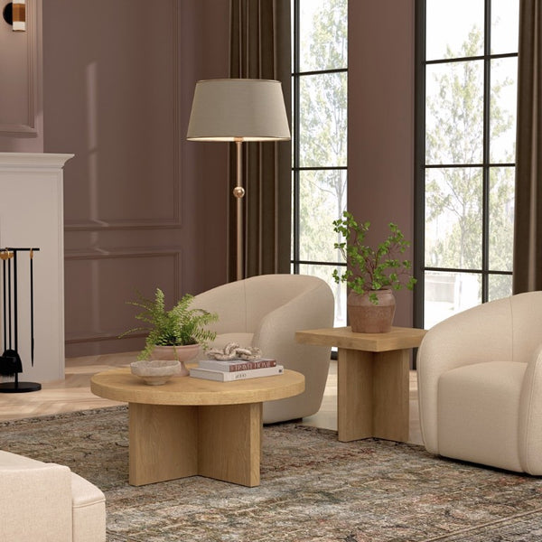 Alpine Furniture Donte Round Coffee Table — 36" Low-Profile Sculptural Pedestal Table, Warm Wood Grain Centerpiece For Cozy Gatherings Natural 6798NAT-65