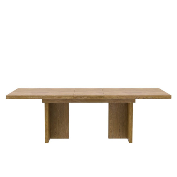 Alpine Furniture Donte Extension Dining Table With Self-Storing Leaf, Rubberwood & Oak Veneer, Double-Pedestal Design Oak 6798OAK-01
