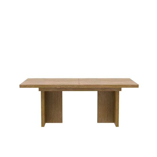 Alpine Furniture Donte Extension Dining Table With Self-Storing Leaf, Rubberwood & Oak Veneer, Double-Pedestal Design Oak 6798OAK-01