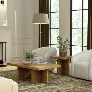 Alpine Furniture Donte Sculptural Rectangular Coffee Table With Geometric Base, Solid Rubberwood And Oak Veneer Finish Oak 6798OAK-61
