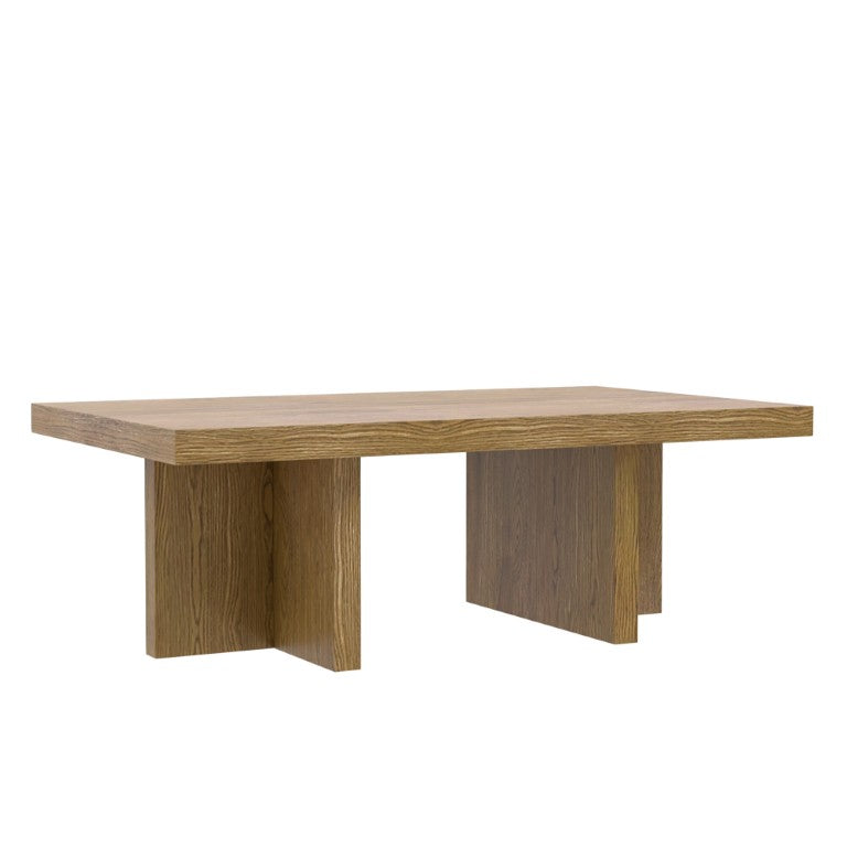 Alpine Furniture Donte Sculptural Rectangular Coffee Table With Geometric Base, Solid Rubberwood And Oak Veneer Finish Natural 6798NAT-61