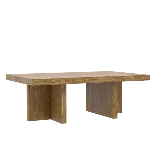 Alpine Furniture Donte Sculptural Rectangular Coffee Table With Geometric Base, Solid Rubberwood And Oak Veneer Finish Oak 6798OAK-61