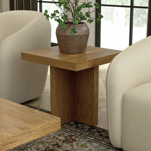 Alpine Furniture Donte Sculptural End Table With Geometric Silhouette — Compact 22" Square Surface, Durable Wood Grain Finish Oak 6798OAK-62