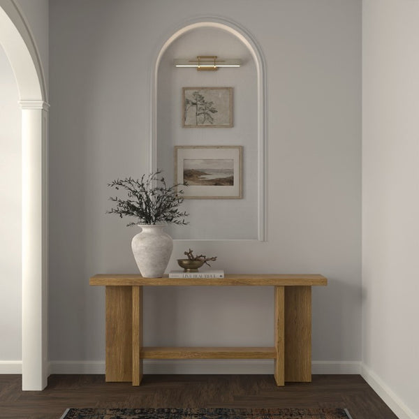 Alpine Furniture Donte Sculptural Console Table With Geometric Base, Oak Veneer Top & Lower Shelf For Hallways Oak 6798OAK-63