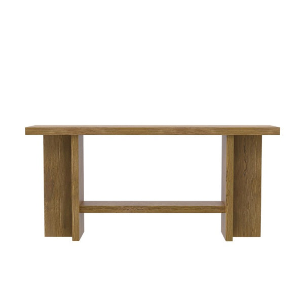 Alpine Furniture Donte Sculptural Console Table With Geometric Base, Oak Veneer Top & Lower Shelf For Hallways Oak 6798OAK-63