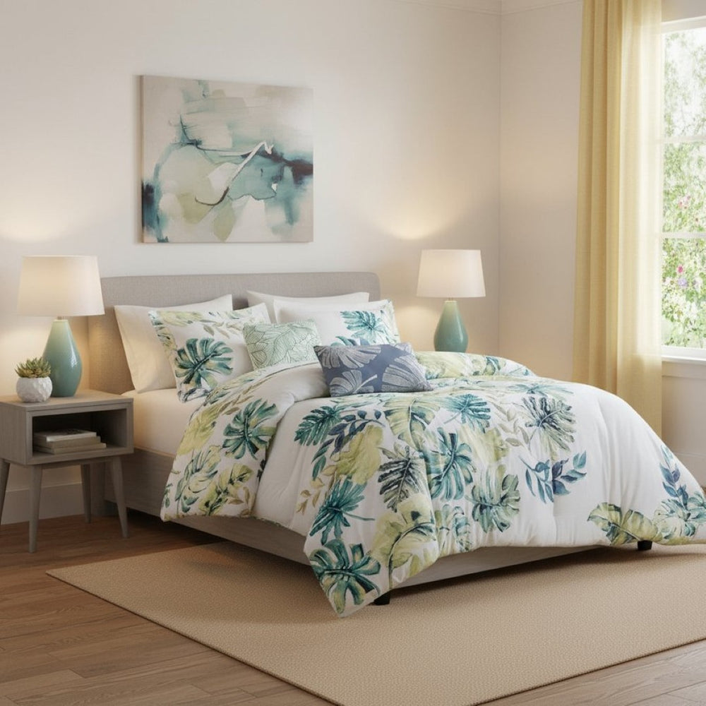 HomeRoots Set of Six King Bedding Set with Mid-Century Comforter & Shams in White, Blue, and Green Accents 679900