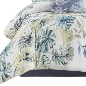 HomeRoots Set of Six Elegant Mid-Century Queen Bedding – White, Blue & Green Comforter and Shams Set 679901