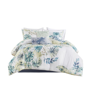 HomeRoots Set of Six Elegant Mid-Century Queen Bedding – White, Blue & Green Comforter and Shams Set 679901