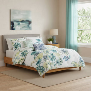 HomeRoots Set of Six Elegant Mid-Century Queen Bedding – White, Blue & Green Comforter and Shams Set 679901