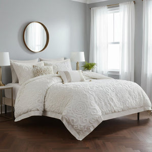 HomeRoots Set of Three Elegant White Medallion Comforter and Sham Bedding Set for Serene Decor Bliss 679902